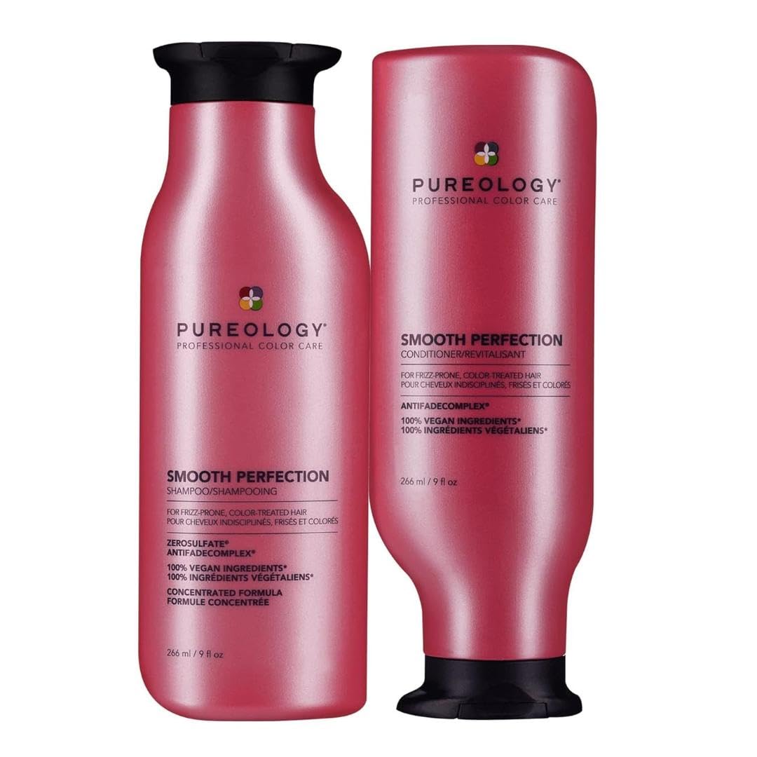 Pureology Smooth Perfection Shampoo & Conditioner Set, For Dry Frizz Prone Colour Treated Hair, For Smoothness, Made with Camellia Oil and Shea Butter, Vegan, Sulfate-Free, Paraben-Free