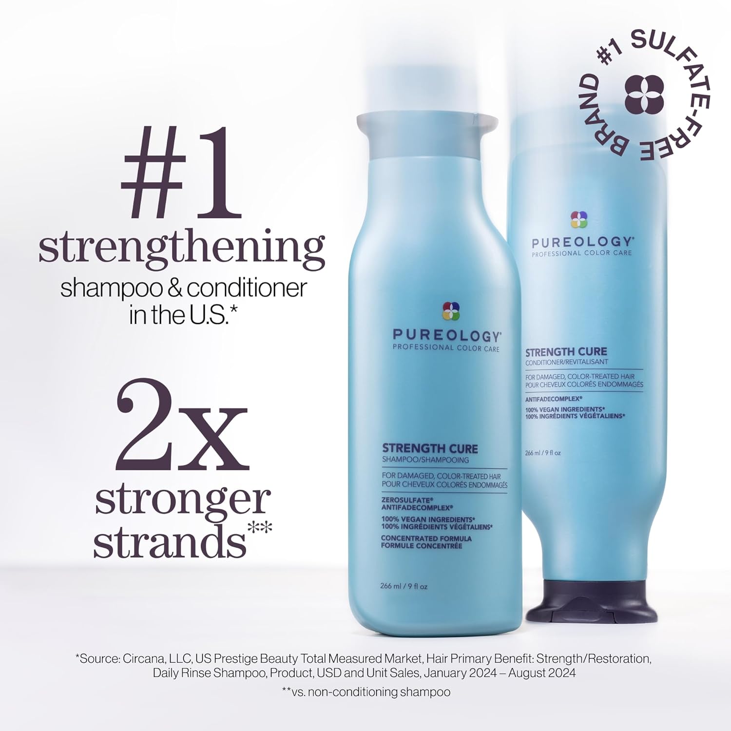 Pureology Strength Cure Shampoo and Conditioner Set, Sulfate Free Shampoo and Conditioner, For Normal to Thick, Dry, Color Treated Hair, Sulfate Free, Paraben-Free, Vegan, 2x266 ML