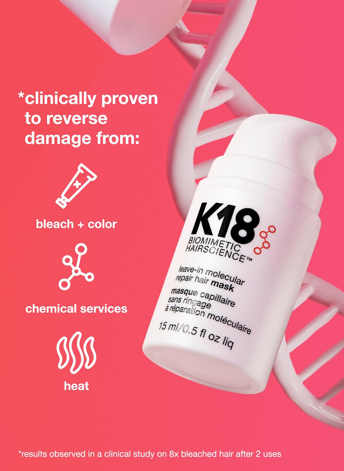 K18 Leave-In Molecular Hair Mask, Repairs Dry or Damaged Hair, Reverse Hair Damage from Bleach, Color, Chemical Services & Heat