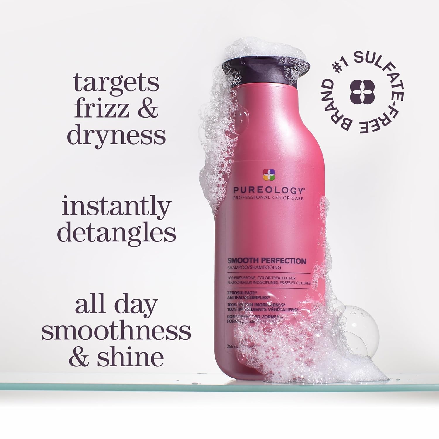 Pureology Smooth Perfection Shampoo, Frizz Control for Dry & Colored Hair, Infused with Camellia & Shea Butter, Vegan & Sulfate-Free Formula