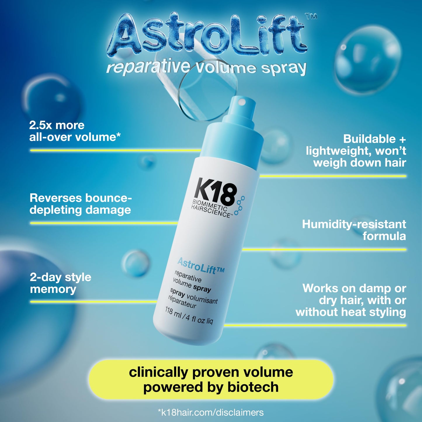 K18 AstroLift™ Reparative Volume Spray, 2-Day Hair Thickening + Hold For Thin, Fine, Fragile Hair, Non-Sticky, Non-Crunchy, Humidity-Resistant Volumizing Spray, 4 Fl Oz
