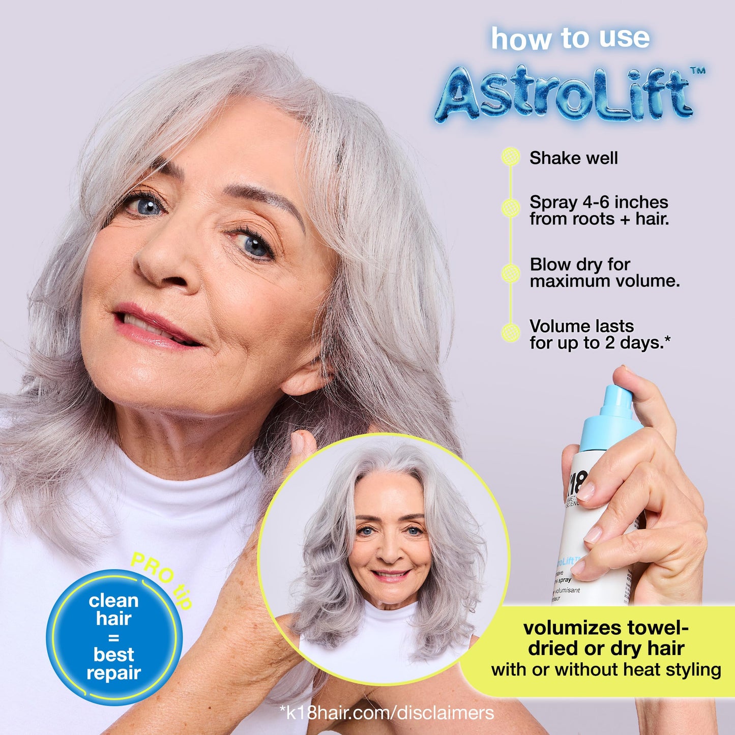 K18 AstroLift™ Reparative Volume Spray, 2-Day Hair Thickening + Hold For Thin, Fine, Fragile Hair, Non-Sticky, Non-Crunchy, Humidity-Resistant Volumizing Spray, 4 Fl Oz