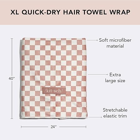 Kitsch XL Microfiber Hair Towel Wrap for Women – Ultra Absorbent Microfiber Towel for Wet, Curly, Long or Short Hair – Quick Dry, Anti-Frizz Hair Wrap – Terracotta Checkered, 40x24 inches