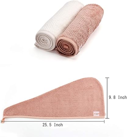 2 Pack Hair Towel Wrap,Hair Drying Towel with Button, Microfibre Hair Towel, Dry Hair Hat, Bath Hair Cap (Pink&Beige)