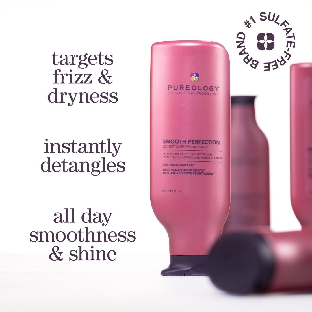 Pureology Smooth Perfection Shampoo & Conditioner Set, For Dry Frizz Prone Colour Treated Hair, For Smoothness, Made with Camellia Oil and Shea Butter, Vegan, Sulfate-Free, Paraben-Free