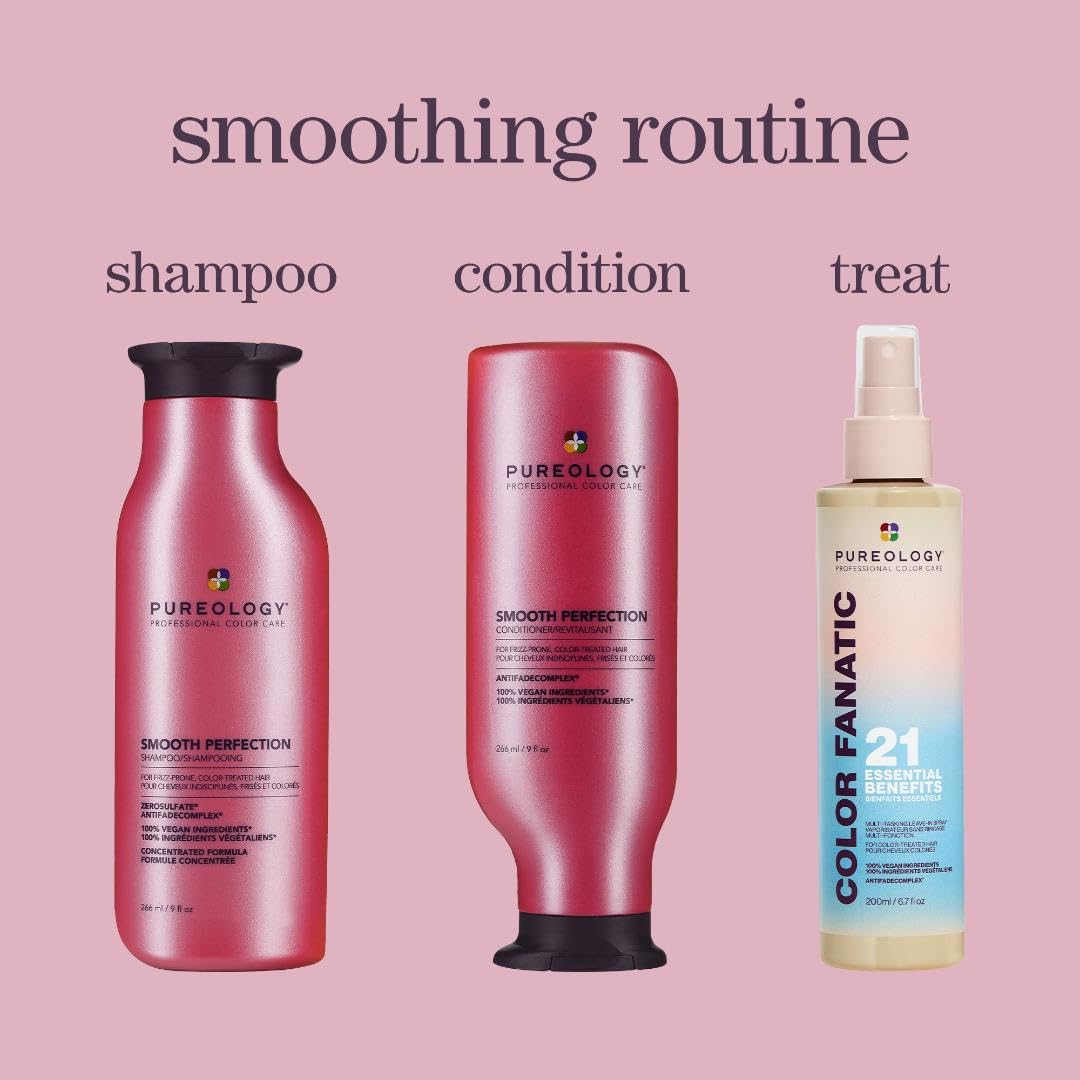 Pureology Smooth Perfection Shampoo & Conditioner Set, For Dry Frizz Prone Colour Treated Hair, For Smoothness, Made with Camellia Oil and Shea Butter, Vegan, Sulfate-Free, Paraben-Free