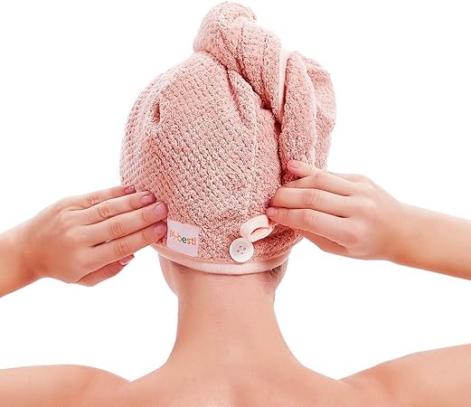 2 Pack Hair Towel Wrap,Hair Drying Towel with Button, Microfibre Hair Towel, Dry Hair Hat, Bath Hair Cap (Pink&Beige)