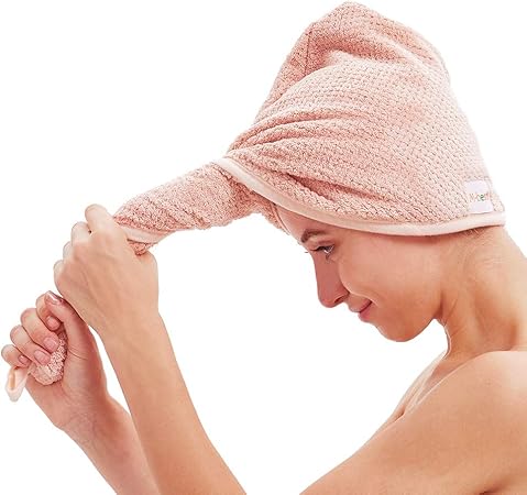 2 Pack Hair Towel Wrap,Hair Drying Towel with Button, Microfibre Hair Towel, Dry Hair Hat, Bath Hair Cap (Pink&Beige)