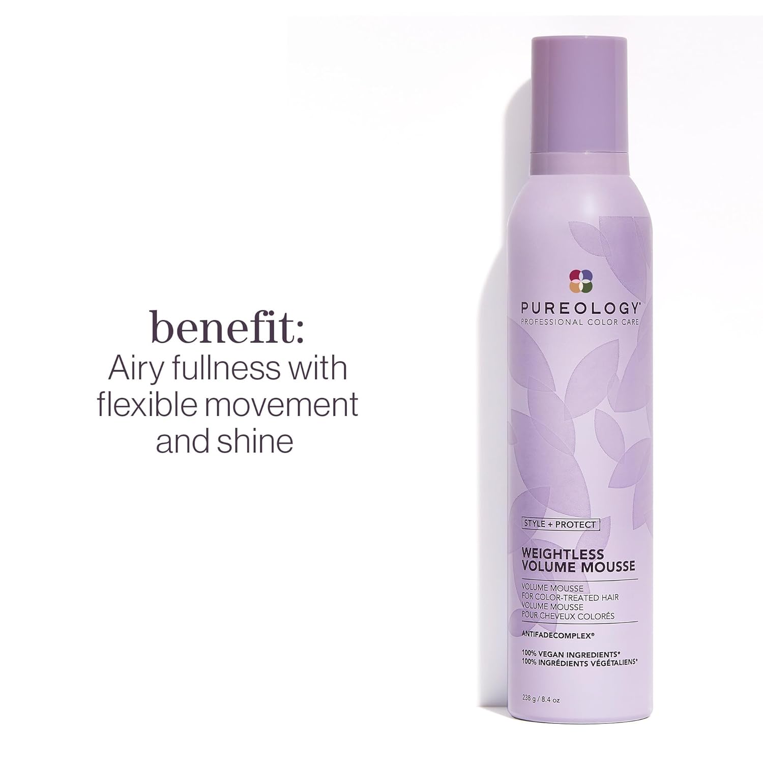Pureology Volumizing Hair Mousse, Style+Protect Volume Mousse, For Colour-Treated Hair, Adds Volume, Shine, Heat Protection, Vegan, Sulfate-Free, Paraben-Free, 241 g