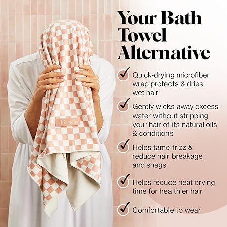 Kitsch XL Microfiber Hair Towel Wrap for Women – Ultra Absorbent Microfiber Towel for Wet, Curly, Long or Short Hair – Quick Dry, Anti-Frizz Hair Wrap – Terracotta Checkered, 40x24 inches