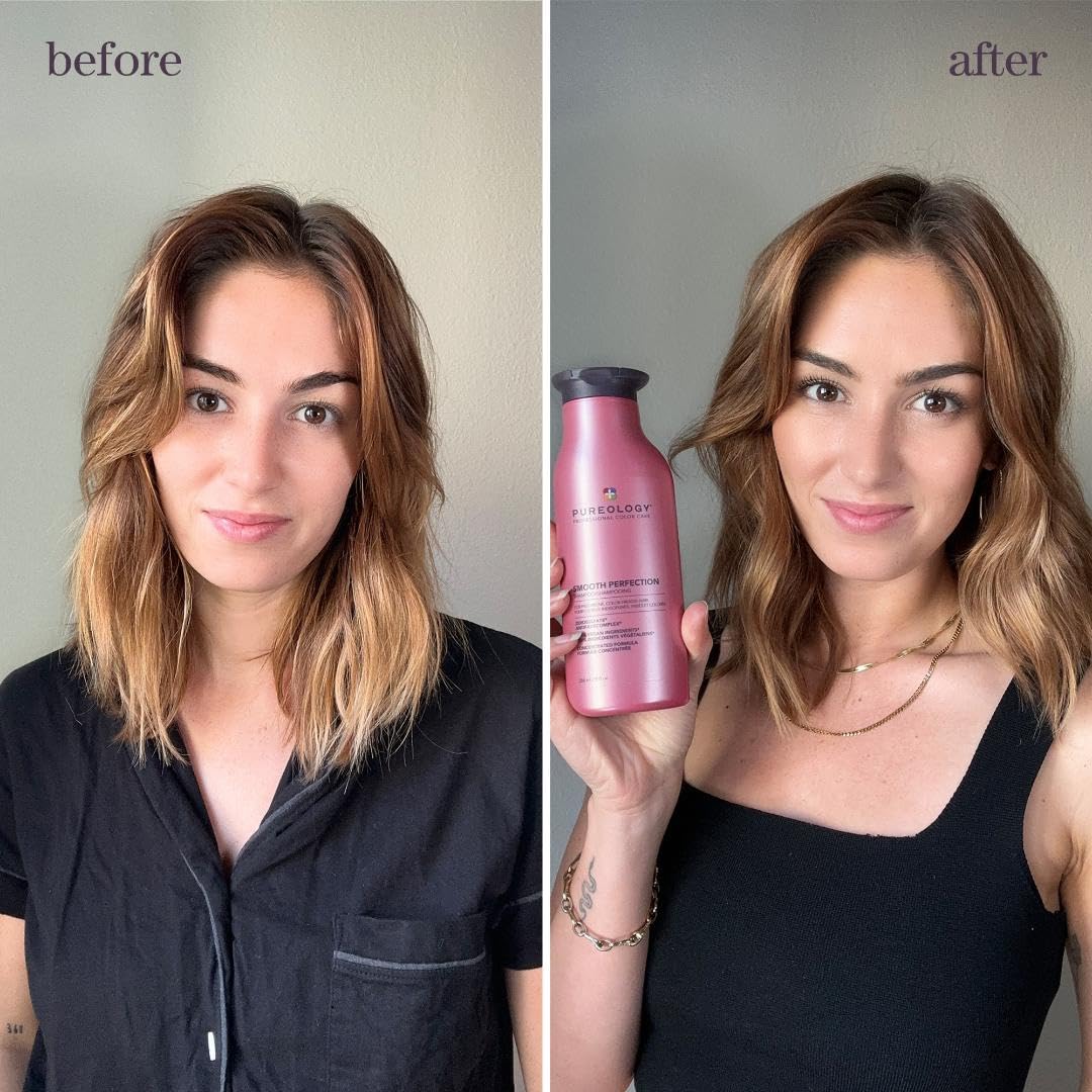 Pureology Smooth Perfection Shampoo & Conditioner Set, For Dry Frizz Prone Colour Treated Hair, For Smoothness, Made with Camellia Oil and Shea Butter, Vegan, Sulfate-Free, Paraben-Free